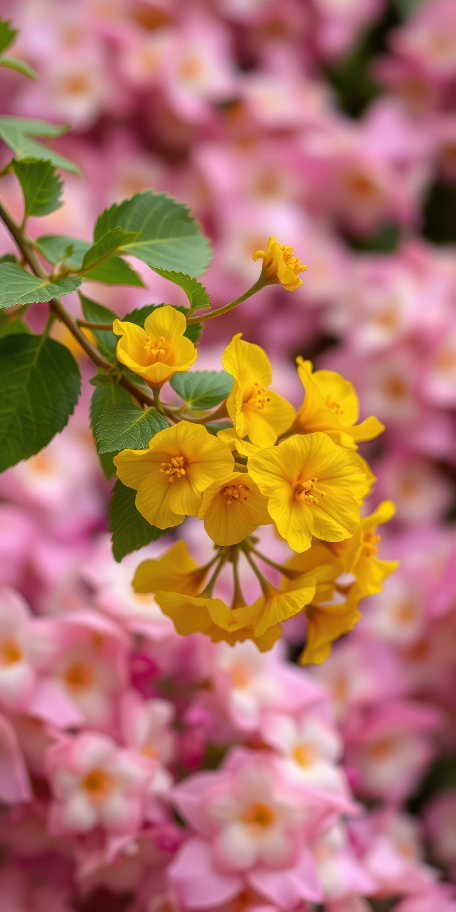 Vibrant yellow flowers bloom against a backdrop of soft pink petals in a lush garden setting during springtime